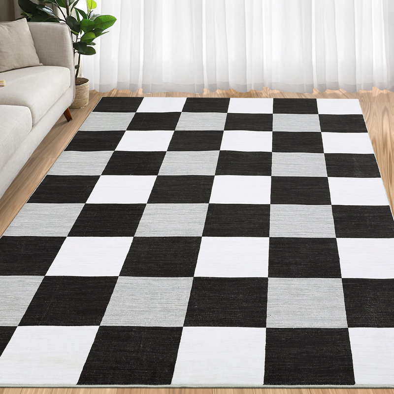 Checkered Plaid Living Room Rugs 8x10 Large Geometric Accent Rugs with Non-Slip Backing, Foldable Thin Floor Carpet, Non-Shedding Modern Indoor Mat for Dining Room, Black