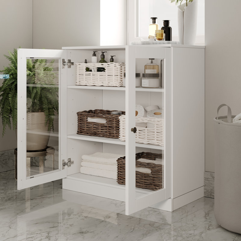 100% Solid Wood 32" Bathroom Cabinet with Clear Glass Doors and Adjustable Shelves, White