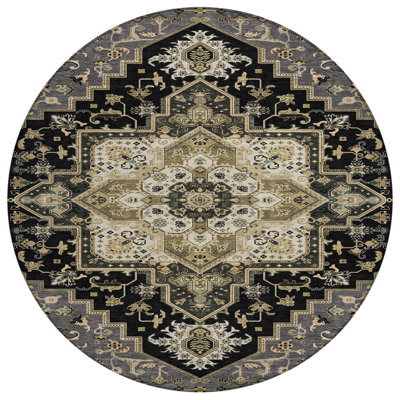 8' Black Gray And Ivory Round Oriental Washable Indoor Outdoor Area Rug