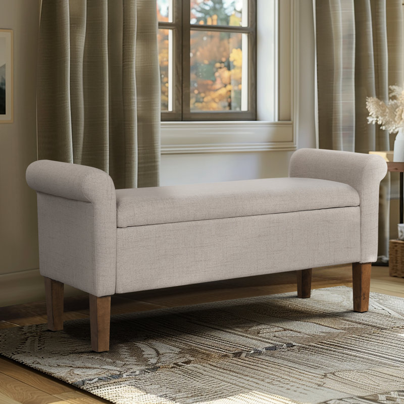 Cream Upholstered Storage Bench with Rolled Armrests