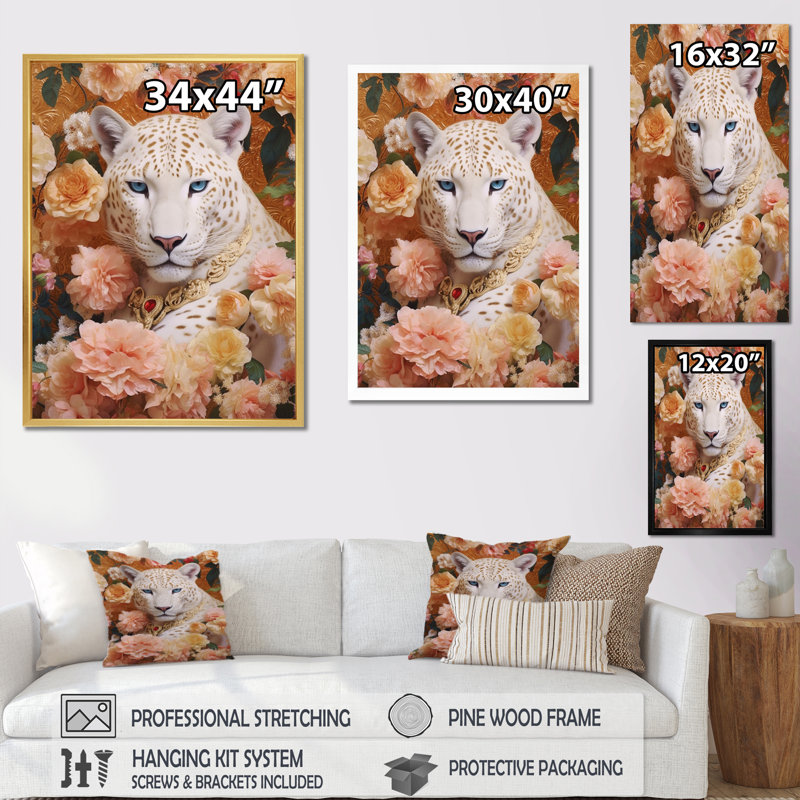 Mélange floral tigre blanc I, Cadre flottant blanc, H 32 po x l 16 po x P 1 po