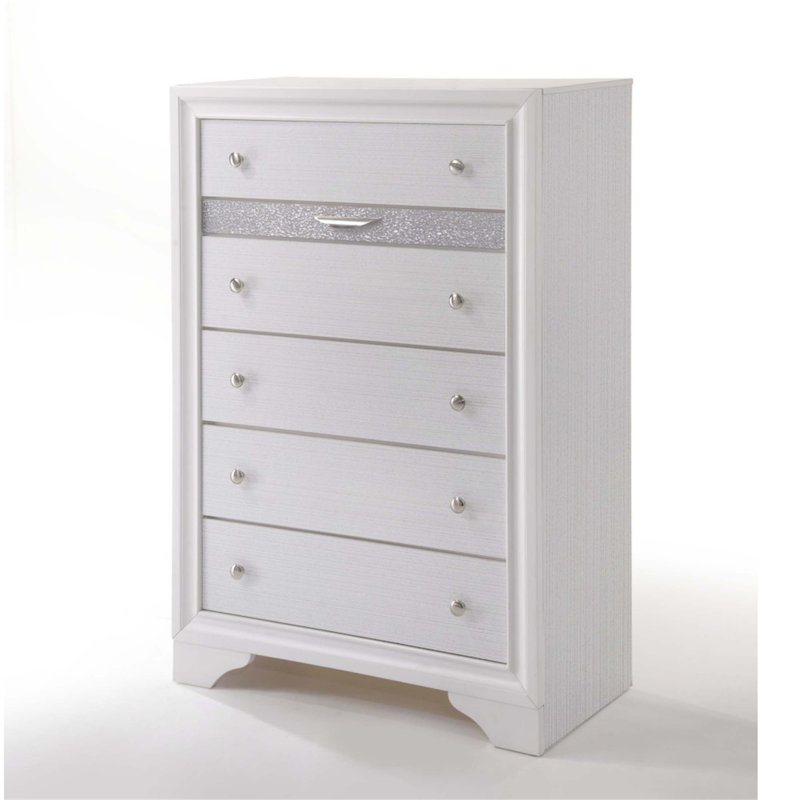 Commode à finition Naima avec cinq tiroirs et organisateur de bijoux intégré pour des solutions de rangement modernes, Blanc