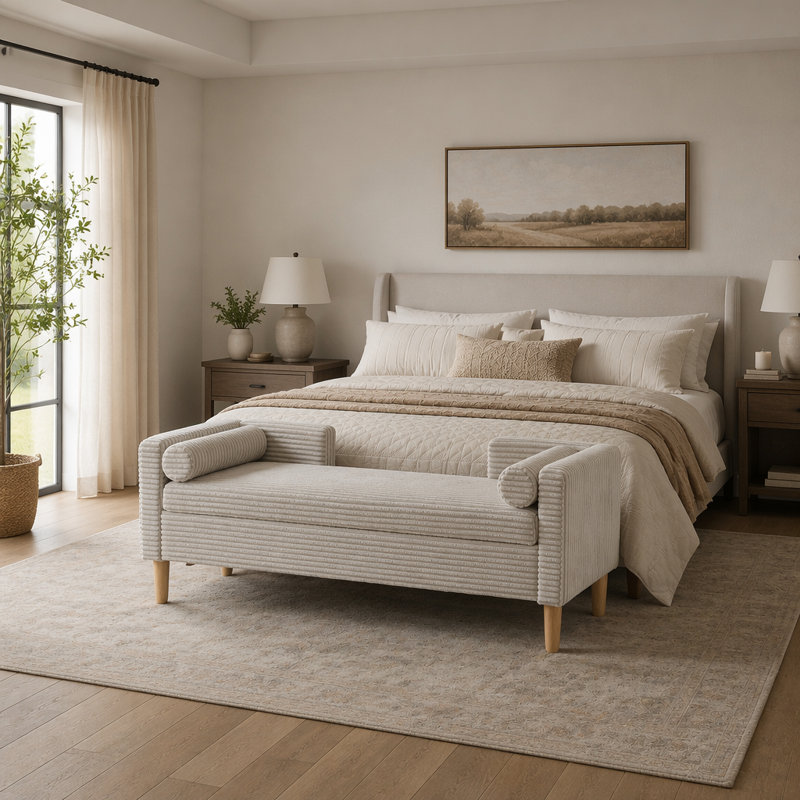 Banc de rangement en velours côtelé gris clair avec accoudoirs, dossier et traversins pour une utilisation polyvalente à la maison