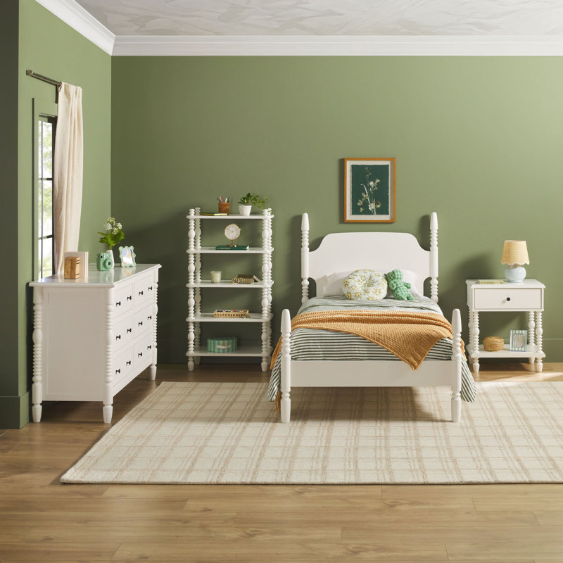 Solid Wood 4-Piece Spindle Vivienne Twin Bed with Walker Edison Easy Assembly 1-Drawer Nightstand, 6-Drawer Dresser, and Short Bookshelf