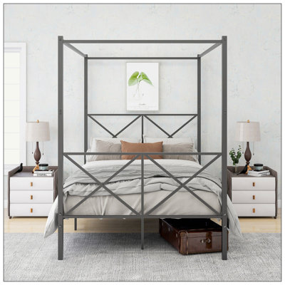 Metal CaNopy Bed Frame, Platform Bed Frame with X Shaped Frame
