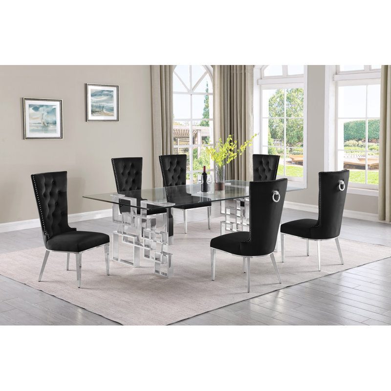 Ensemble de salle à manger rectangulaire en verre transparent avec chaises en velours L 95 po x l 46 po Borel, 7, Argent