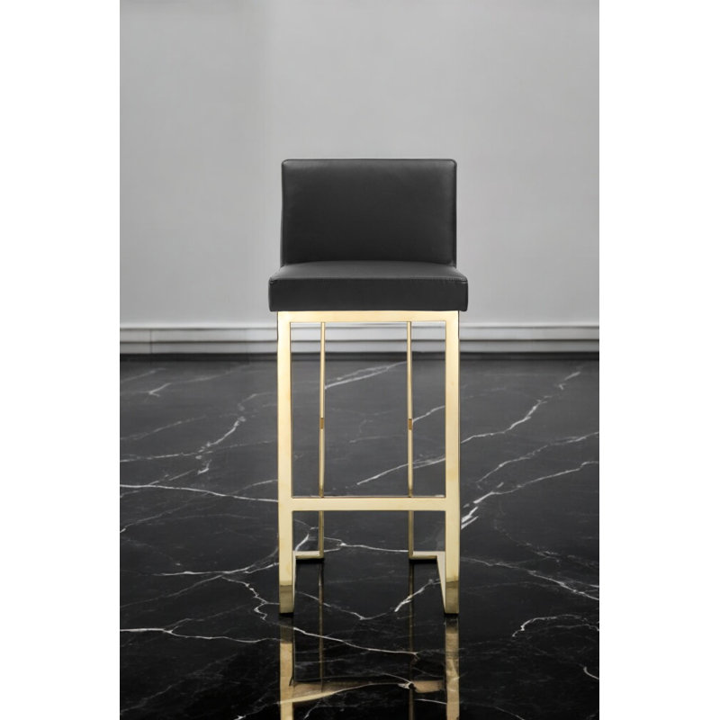 Pangea Home Dexter Faux/Vegan Leather Bar Stool - 30" Seat Height – Modern Upholstered Bar Chair with Steel Metal Legs - Indoor - Bar, Dining, Kitchen - Black with Gold Legs