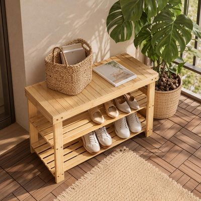 3-Tier Natural Bamboo Shoe Rack Bench with Storage front door entrance shoe rack