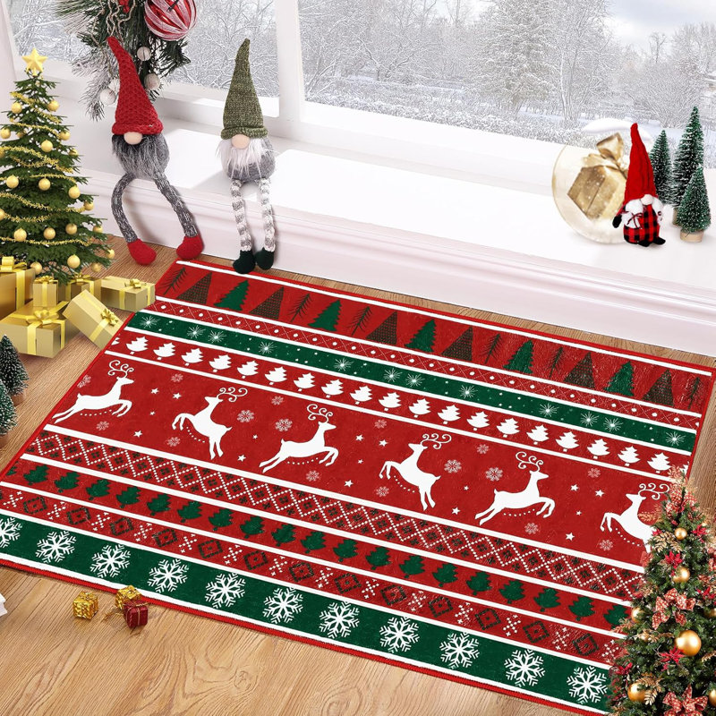Christmas Rug with Snowflake and Tree Pattern, Washable Low-Pile Non-Slip Hallway and Bedroom Rug,, Rectangle 2' x 3'