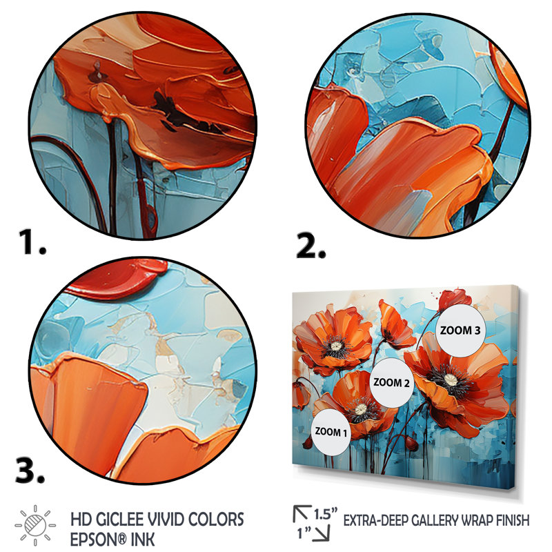 Orange et bleu «Poppy Meadow» - art mural coquelicots, Cadre flottant noir, H 12 po x l 20 po x P 1 po
