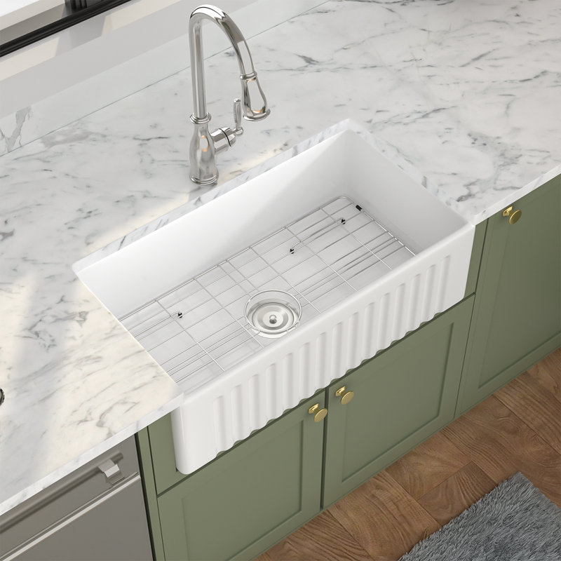 Mocoloo 30" Farmhouse Apron Front Kitchen Sink 10 Inch Deep Single Bowl White Fireclay Ceramic Sink, 10" H x 30" L x 28" W