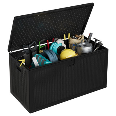 Qeetex 150 Gallon Heavy Duty Resin Deck Box Outdoor Storage – Weatherproof & Waterproof, Lockable Lid, Large Capacity Bin for Patio, Garden, Porch, Pool – Black