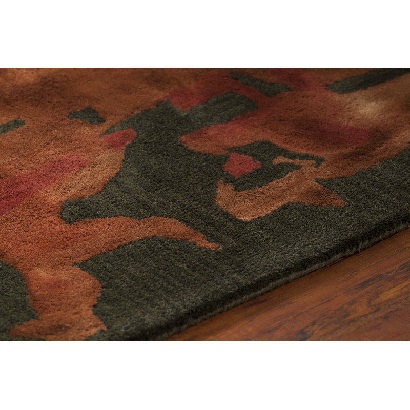 Tapis en laine vert touffeté à la main à motif abstrait orange et terre cuite Colsyn, Rectangle 5 pi x 7 pi 6 po