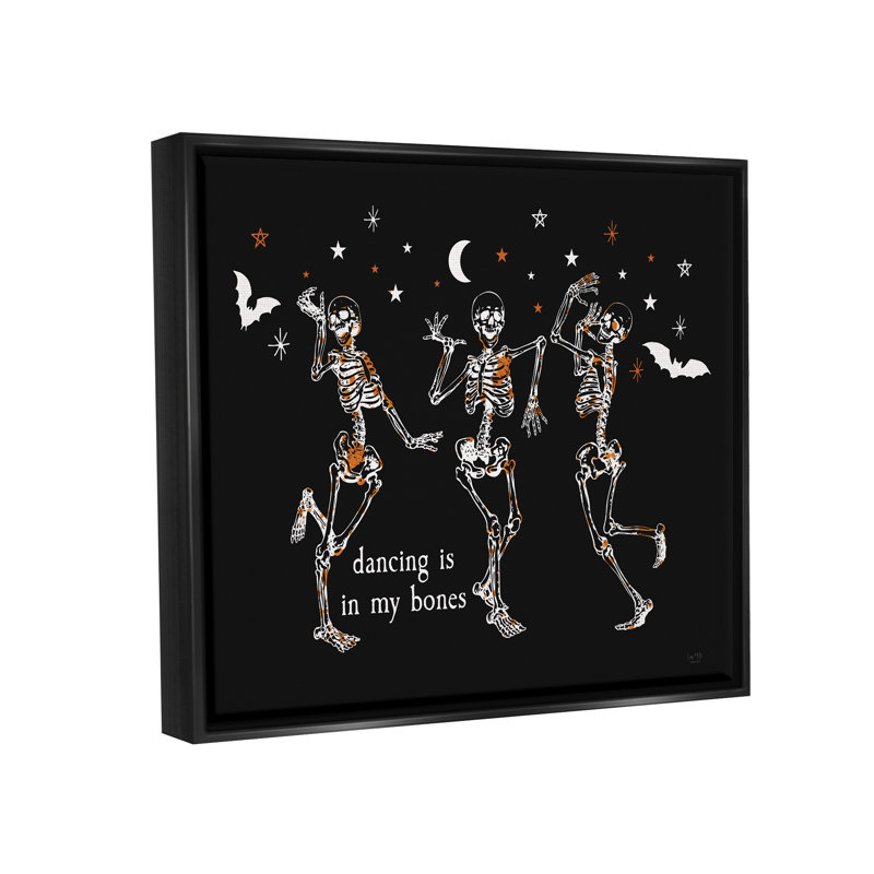 «Dancing In My Bones Skeletons» encadré sur bois par Lux + Me Designs, impression, Cadre flottant noir de jais