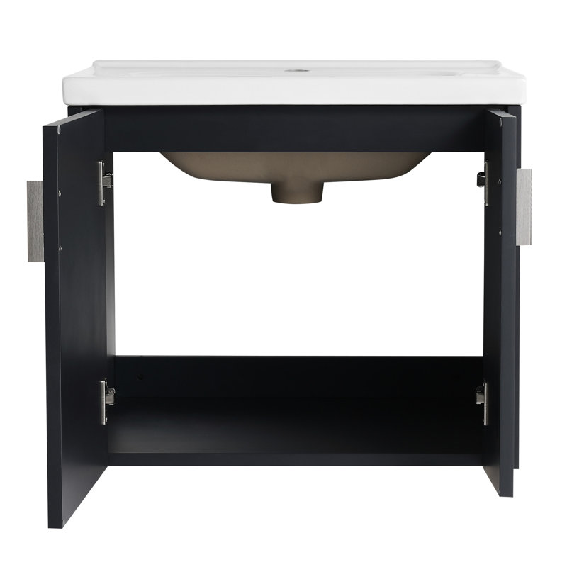 Meuble-lavabo mural noir 24 po avec lavabo, pour espaces compacts, portes à fermeture douce et poignées en métal, 24"