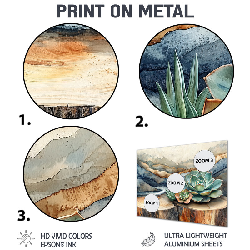 Succulent On A Top Of Wooden Slide River IV -Succulents Metal Wall Decor, 28" H x 60" W