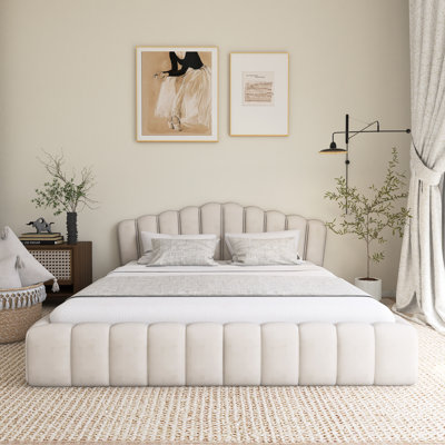 Upholstered Platform Bed With Shell-Shaped Headboard
