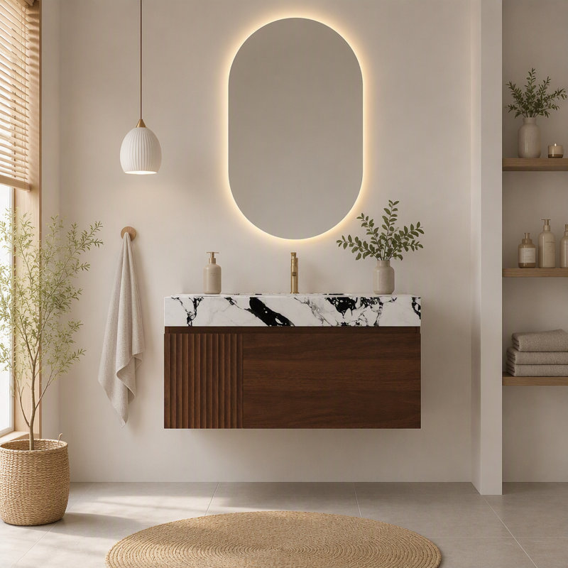 Meuble-lavabo flottant mural 36 po pour rangement dans la salle de bain, Blanc et noir