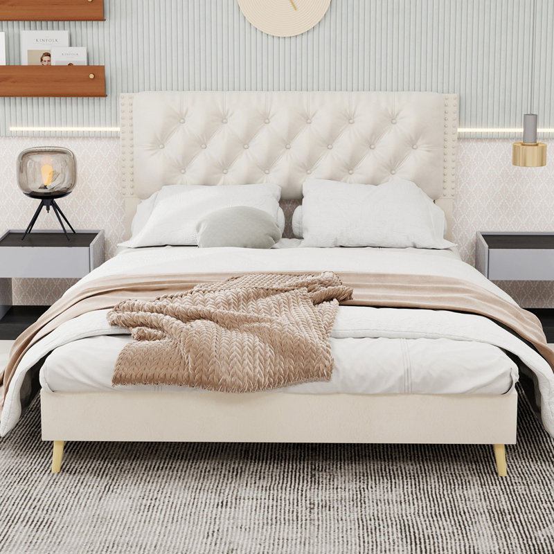 Lit tapissier en velours, Beige, Grand lit