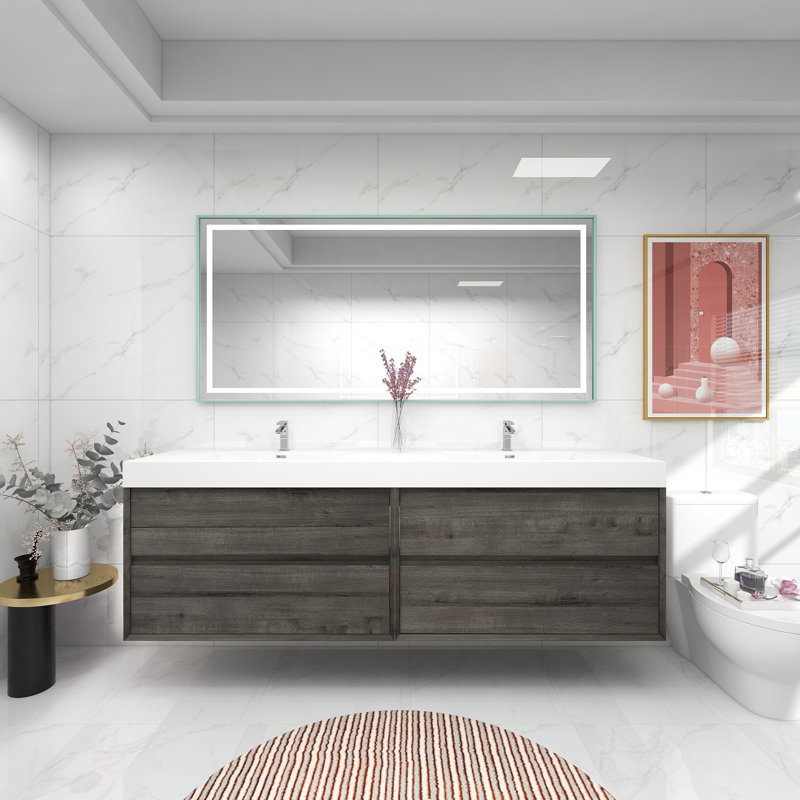83.4'' Double Bathroom Vanity with Acrylic Top, Somoke Oak