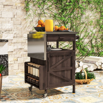 Chariot de barbecue extérieur avec plateau en acier inoxydable, abattant, armoire de rangement et roues verrouillables