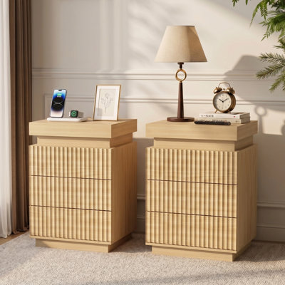 3 Drawer Fluted Nightstands with Built-in Charging Station and Dimmable LED Lights, Bedside Tables for Bedroom Living Room