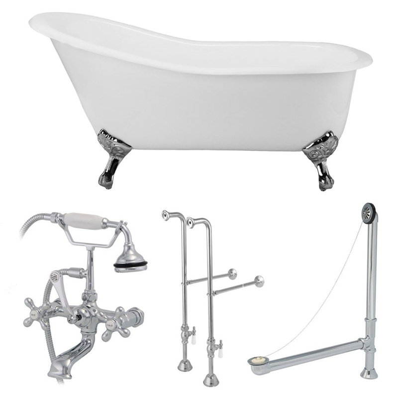Baignoire de trempage autoportante en fonte 61 po x 30 po avec robinet, Chrome, Chrome