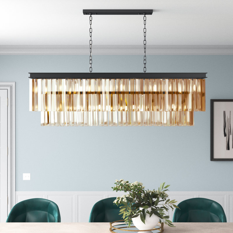 Lustre rectangulaire en cristal 12 lumières Yazmin, Brun moka, Teck doré (fumé)