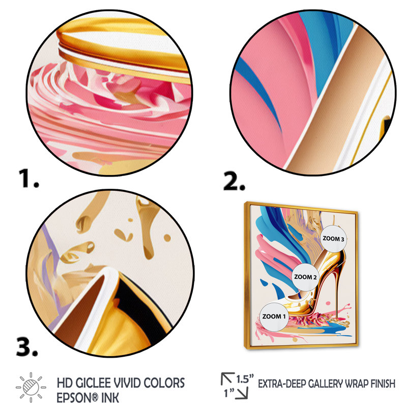 Art déco rose et bleu, chaussures à talons hauts VI - Impression sur toile, H 32 po x l 16 po x P 1 po