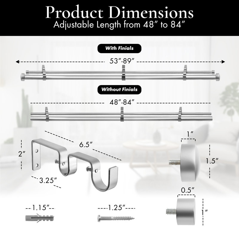 Gwinnett Adjustable Double Curtain Rod, 48" - 84", Satin Nickel