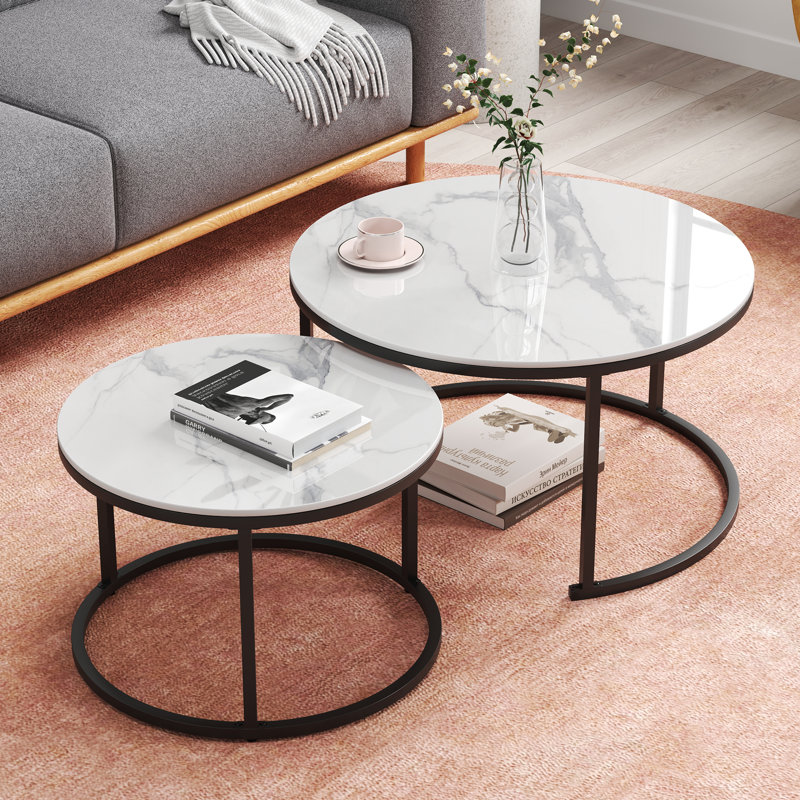 Sintered Stone Top Nesting Coffee Table Set, 18" H x 24" L x 24" W, White