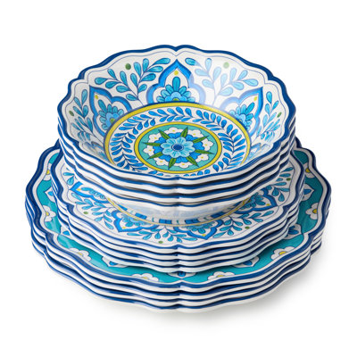 Certified International Porto 12pc Melamine Dinnerware Set For 4 – Artistically Designed Talavera Tile Art, Turquoise Blue Y In Multicolored
