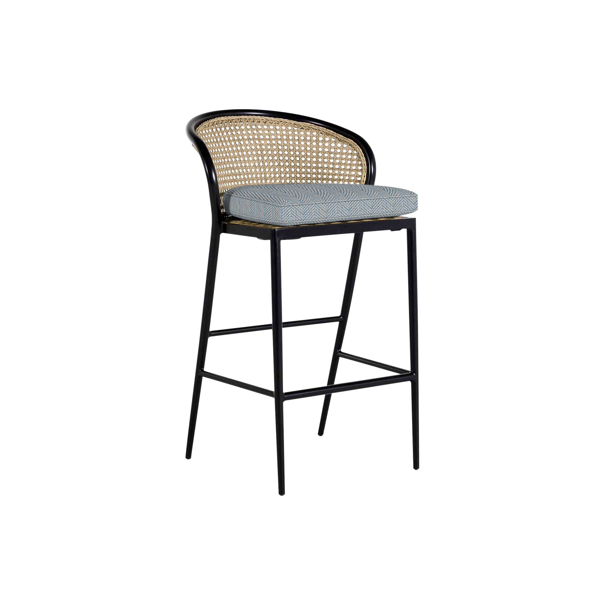 Havana Cane N-Dura Resin Wicker Outdoor Counter Stool 24 in., Welt, Black/Natural Resin, Perigold Piccadilly Stripe Patina