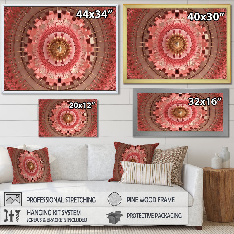 Futur minimalisme rétro, mandala rose sur toile, H 12 po x l 20 po x P 1 po, Cadre simple blanc