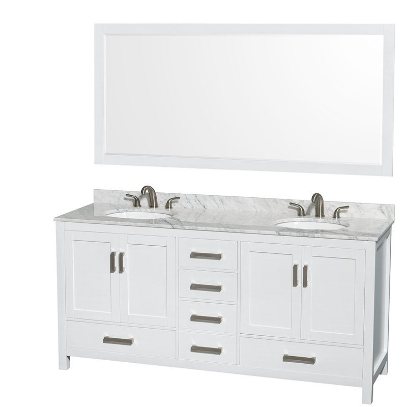 Sheffield 72" Freestanding Double Bathroom Vanity with Marble Top with 70" Mirror, White Carrara Marble, White, 8" Widespread