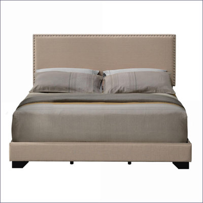 Queen Size Fabric-Upholstered Panel Bed with Nailhead Trim - Beige for Cozy Bedrooms