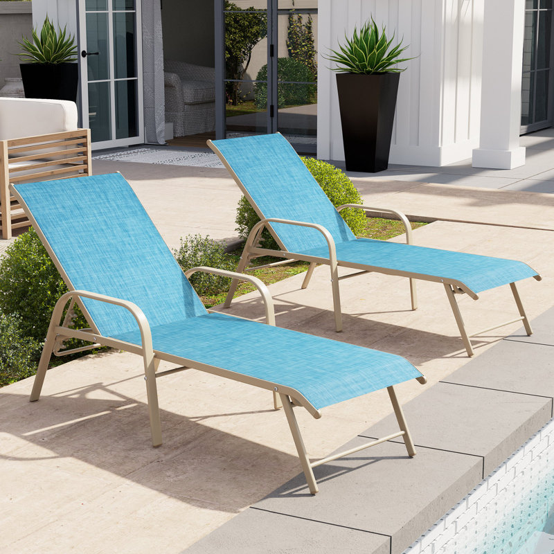 Poultney 60.6'' Aluminum Long Reclining Chaise Lounge Chairs Set, Blue/Beige