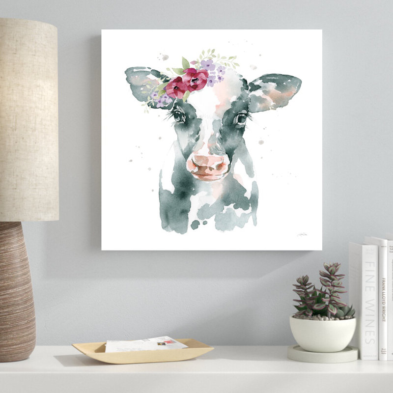 Floral Cow Pink Sq par - peinture sur toile tendue, H 20 po x l 20 po