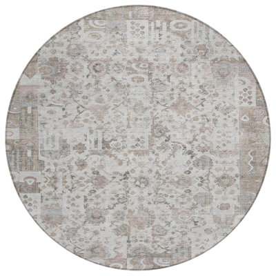Tapis intérieur lavable rond 8 pi taupe et ivoire