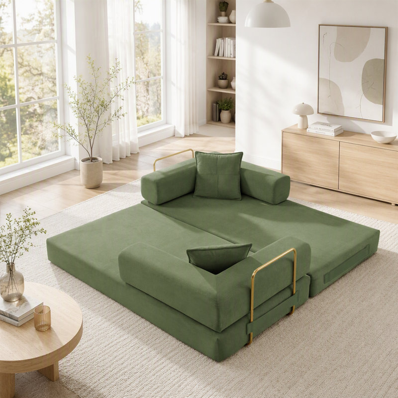 Canapé-lit modulaire en velours côtelé avec accoudoirs mobiles et sans assemblage, Velours côtelé vert, Vert