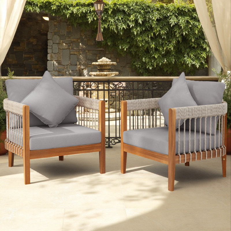 Fauteuil club d'extérieur en bois d'acacia avec 2 coussins Afor, Gris