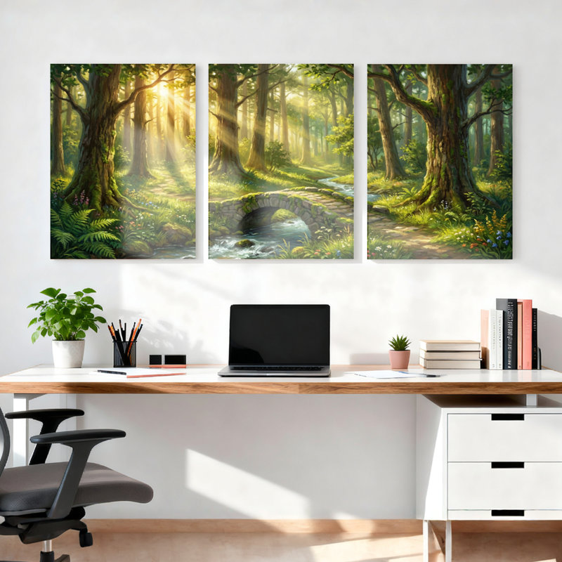 Ensemble de 3 tableaux sur toile tendue représentant un pont au bord d'un ruisseau dans une forêt ensoleillée, 2436