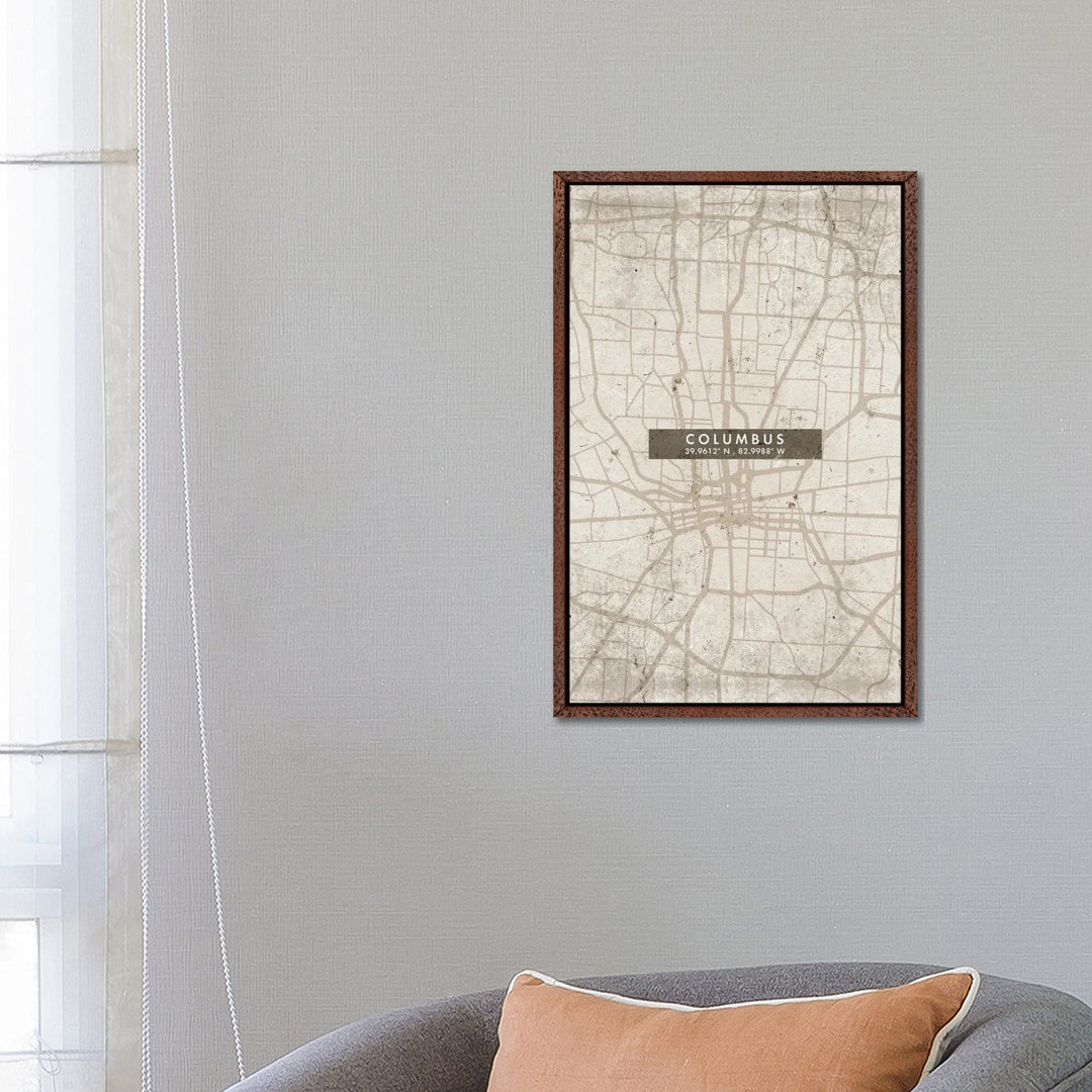 Columbus Stadtplan Abstrakter Stil von WallDecorAddict - Galerie-umwickelte Leinwand Giclée auf Leinwand