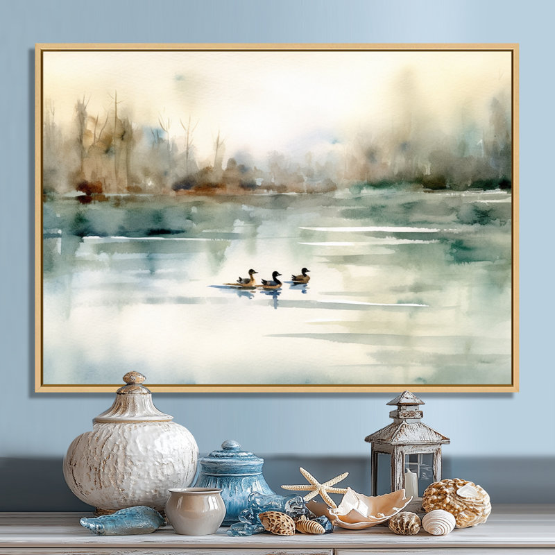 «Ducks in Pond I» - Art mural sur toile, H 12 po x l 20 po, Érable, Reproduction avec cadre flottant