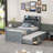Twin Size Wooden Bed with Storage Headboard and Outlets, Extendable with Twin Trundle and Three Drawers, Grey