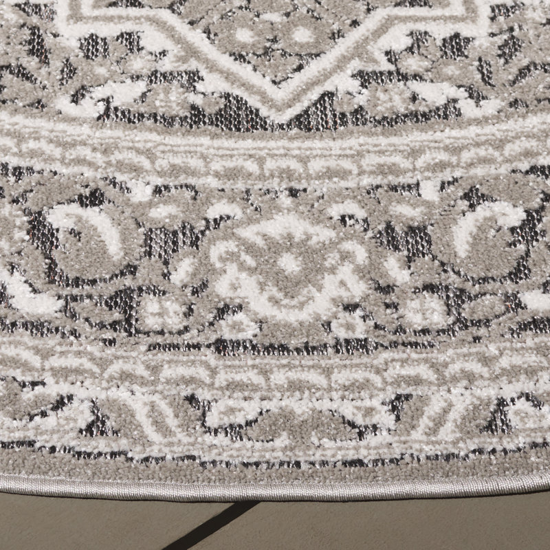 Brysin Oriental Machine Woven Power Loom Polypropylene Area Rug in Ivory/Gray, Round 6'7"