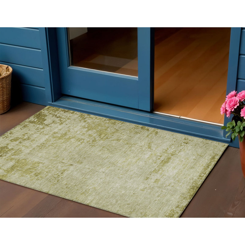 3' X 5' Artichoke Green And Ivory Abstract Washable Indoor Outdoor Area Rug