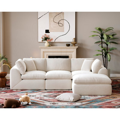 L-Shape 4-Seat Sectional Sofa With Ottoman, 110" Wide, No-Assembly Cloud-Style Design, White by Latitude Run