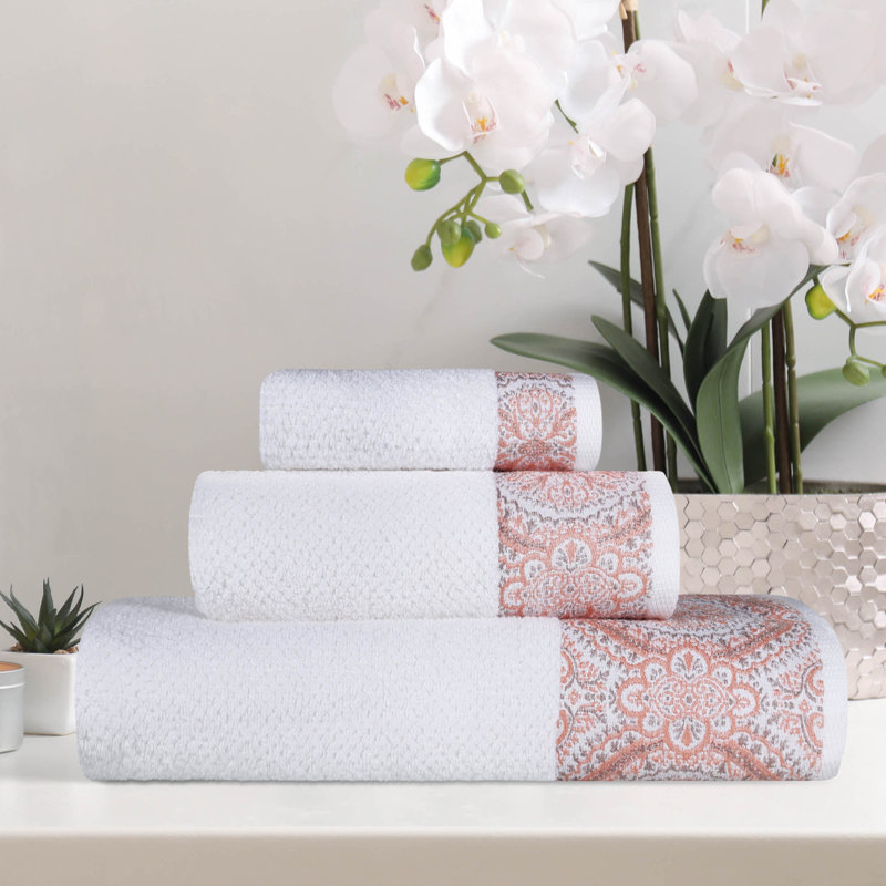 Ludwicka Medallion Cotton Jacquard Textured Soft Absorbent 3 Piece Assorted Bathroom Towel Set, Emberglow