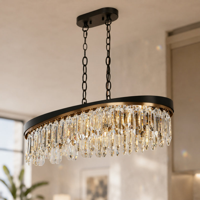 Lustre linéaire à 10 lumières de 119 cm (47 po) de largeur, à intensité variable, en cristal noir et laiton, idéal pour îlot de cuisine.